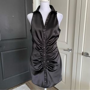 Zara Black Satin Stretch Bodycon Collared Mini Shirt Dress Size M